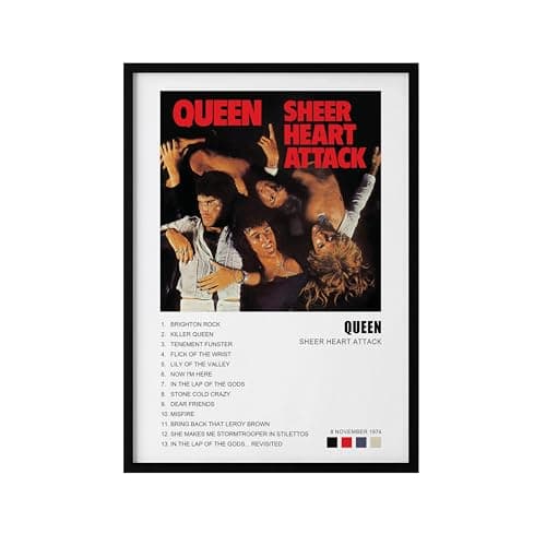 Image of Queen Album Poster, Sheer Heart Attack, Bohemian Rhapsody, A Night at the Opera, Live at Wembley Stadium, Queen Album Wall Art| A4 & A3 | Framed Black (Sheer Heart Attack, A4 Framed Black)