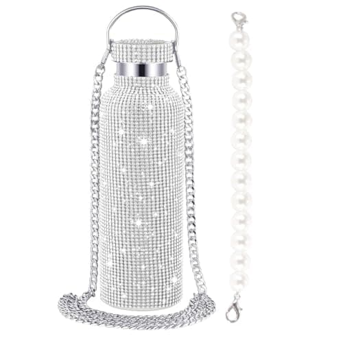 Image of Alide 750ml Sparkly Water Bottle, Double Wall Vacuum Flask Crystal Sparkling Design with Chain for Hot & Cold Drinks