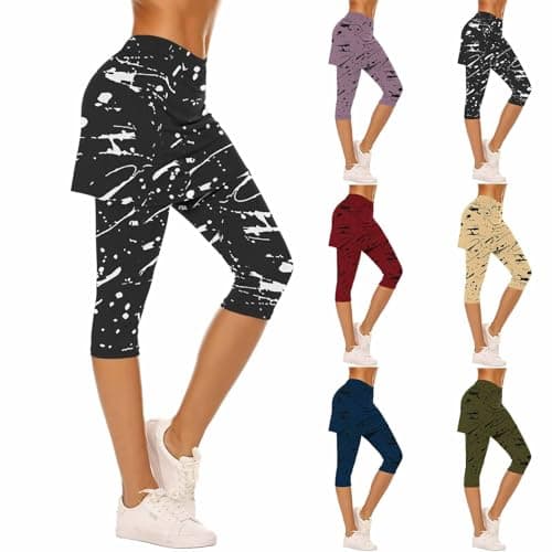 Image of Women's Sports Skort Running Leggings with Skirt, Tennis Skirts Tight Capris Gym 3/4 Length Yoga Pants Skirted Capri Trousers Outdoor Fitness Tights Tummy Control Workout Cropped Pant Clearance