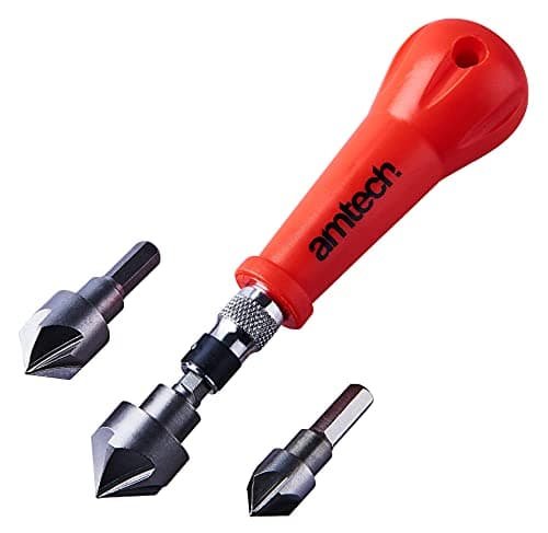 Image of Amtech 3 Piece Countersink Set with Driver Handle, 12 mm 16 mm 19 mm 90° Bits for Wood, Plastic and Soft Metal, Quick Change Hex Design