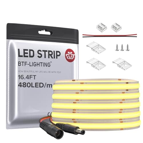 Image of BTF-LIGHTING COB LED Strip Light 5M FCOB 480LEDs/M Dimmable Light Uniformity Flexible High Density Natural White 12V 8mm Width LED Tape for Bedroom Kitchen Home Interior Decoration(Only LED Strip)