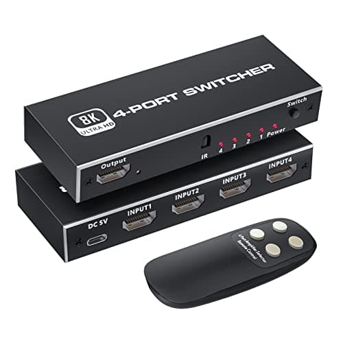 Image of 8K HDMI 2.1 Switch 4 in 1 Out with IR Remote, BolAAzuL HDMI 2.1 Switcher 4 Port 8K@60Hz 4K@120Hz 4 Input 1 Output HDMI Hub 3D 1080P HDCP2.3 CEC for Xbox PS5 Blue-ray Player Projectors Monitors