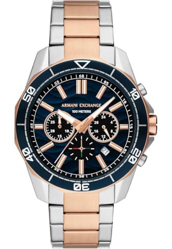 Image of Armani Exchange Silver Tone Watch for Men, Quartz Chronograph Movement and 44mm Case Size with Stainless Steel Strap, Silver and Rose Gold Tone