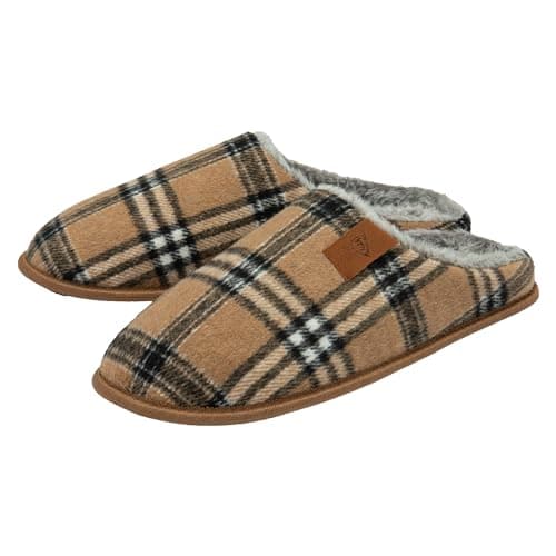 Image of DUNLOP Mens Slippers Slip On Check Mules Faux Fur Lined Memory Foam Plush House Slippers Breathable Indoor Outdoor Shoes (Tan Check, UK Footwear Size System, Adult, Men, Numeric, Medium, 10)