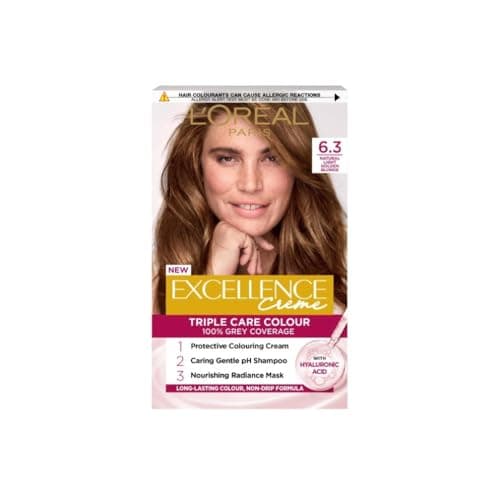 Image of L'Oréal Paris Excellence Crème Permanent Hair Dye, Radiant At-Home Hair Colour with up to 100% Grey Coverage, Pro-Keratin, Up to 8 Weeks of Colour, Colour: 6.3 Natural Light Golden Blonde