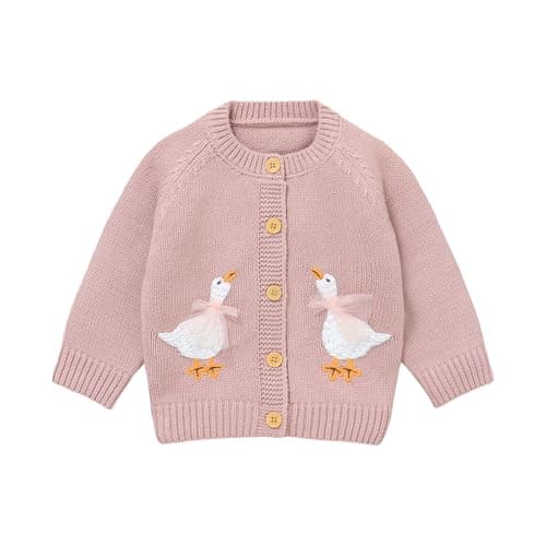 Image of DovFanny Baby Toddler Girl Cardigan Warm Sweater Floral Long Sleeve Jumpers Coats Knitted Clothes with Cute Goose (UK, Age, 6 Months, 9 Months, Pink)