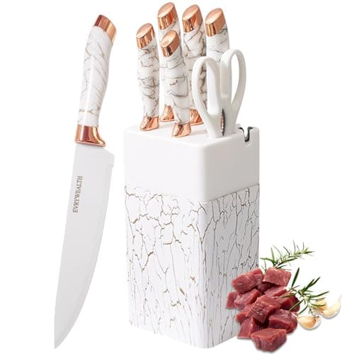 Image of lapelux Kitchen Knife Set - 6 Piece Knife Set with Block .Stainless Steel Knivese with Chef, Bread Knife, Kitchen Scissors for Cutting Meat/Vegetables/Fruit.（White）