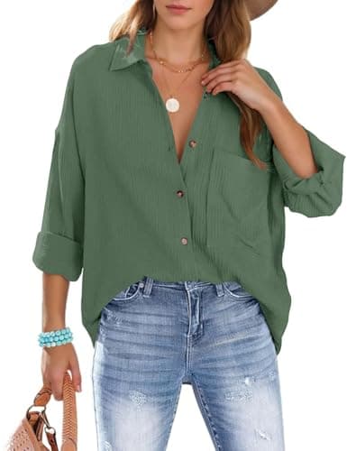 Image of Xnova Womens Shirts Oversized Blouses Button Down, Collars Cotton Shirt Long Sleeve Tshirt with Pocket Business Casual V Neck Blouse Tops Loose Shacket Elegant for Ladies (Green 02, L)