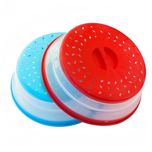 Image of 2Pack Collapsible Microwave Food Cover BPA Free TPR, 10.5inch, Round with Grip Handle & Hook Hole (Red+Blue)…
