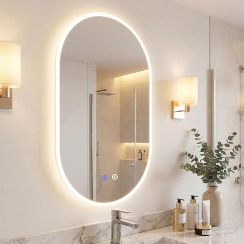 Image of COSTWAY Bathroom Mirror with LED Lights, Oval Illuminated Backlit Wall Mounted Vanity Mirror with Anti-Fog, 3-Color Dimmable, Memory & Touch Switch, IP44 Tempered Glass Makeup Wall Mirrors (900x550mm)
