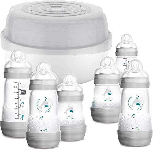 Image of MAM Easy Start Bottle & Microwave Steriliser Set, Comes with 6x MAM Easy Start Self Sterilising Anti-Colic Baby Bottles, BPA Free Bottle Steriliser for Babies