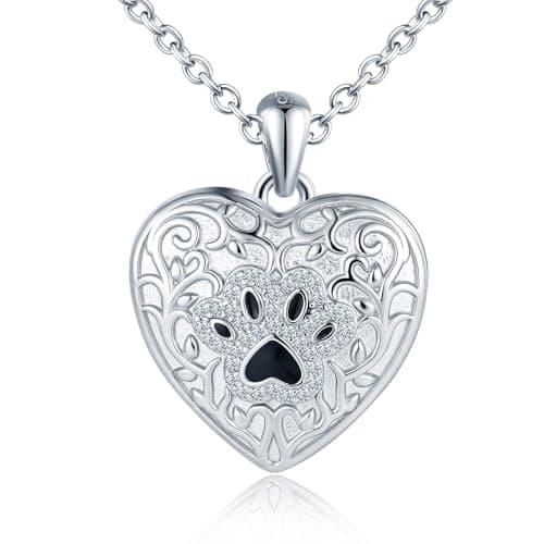 Image of MICSAVI Personalised Photo Necklace with Paw Print, 925 Sterling Silver Pet Heart Locket for Animal Lovers, Zirconia Dog Paw Pendant Picture Necklaces for Women Girls