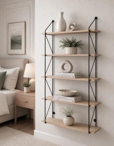 Image of spot on dealz® 5 Tier Modern Black floating decorative hanging shelves with MDF Oak wood and metal wire frame bookshelves industrial wall mounted display shelving unit, Living Room furniture
