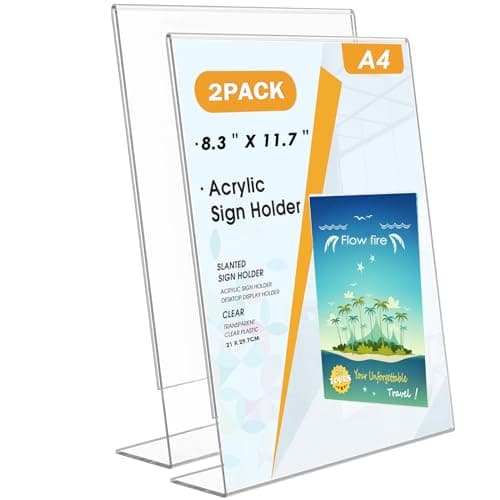 Image of Flow fire A4 Acrylic Sign Holder, 2 Pack L-Shape A4 Clear Perspex Display Stand, Slant Back Menu Poster Sign Holder for Office Store Restaurant