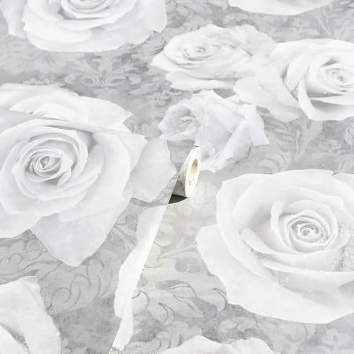 Image of WALLPAPER EMPIRE - Soft Grey Roses Wallpaper - Chic, Modern, Beautiful Artistic Roses Design Classy Architectural Designer Look,Stunning