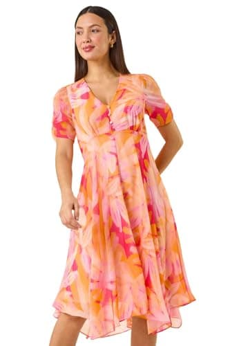 Image of Roman Originals Swing Tea Dress Women UK Ladies Skater Midi A Line Fit & Flare Summer Casual Smart Cocktail Party Going Out Work Cruise Button Through Long Pocket - Orange Abstract - Size 12