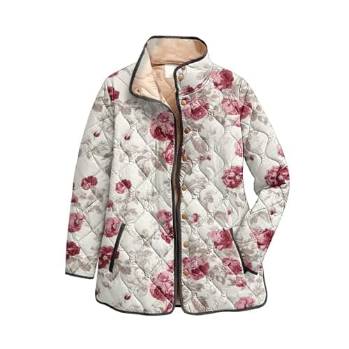 Image of Women's Quilted Jacket Floral Print, Long Sleeve Puffer Coat with Retro Graphic Pattern, Lightweight Button Up Padded Stand Collar Jacket, Warm Winter Fall Ladies Outerwear (White, L)
