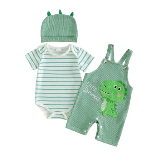 Image of Loalirando Newborn Baby Boy Clothes Outfit Striped Short Sleeve Romper Embroidered Elephant/Dinosaur Overalls Pants Hat Spring Summer 3Pcs Clothing Set (Green, 0-3 Months)