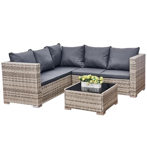 Image of AOUXIN 5 Seater Rattan Garden Furniture Set, Rattan Corner Sofa Set Patio Sofa with Glass Table (Grey)