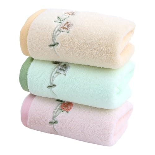 Image of DONGKER Floral Printed Cotton Towel,29.5"x13.8" 3pcs Soft Absorbent Towels Rose Embroidered Decorative for Bathroom Kitchen