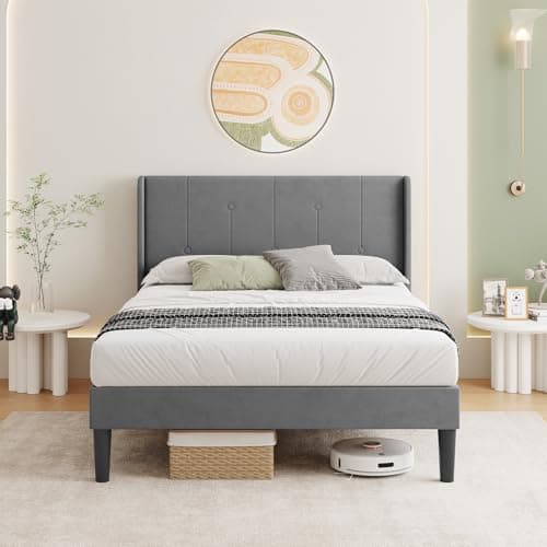 Image of Vesgantti Velvet Single Bed Frame with Adjustable Wing Edge Headboard, Solid Wooden Slats & Upholstered Platform, Easy Assembly, Under Bed Storage, Noise-Free, 3FT Single Bed, 90 x 190 cm, Dark Grey