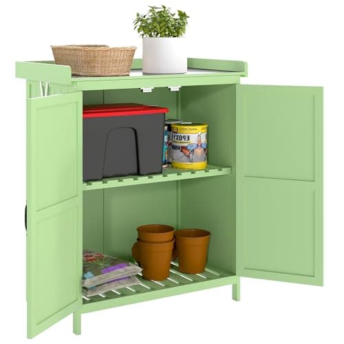 Image of Outsunny Wooden Garden Shed, Garden Tool Storage Shed with Hinged Roof and Shelf, Outdoor Storage Cabinet with Double Doors, Light Green