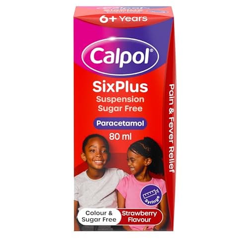Image of Calpol SixPlus Oral Suspension Paracetamol (1 x 80ml), Sugar-Free Strawberry Flavour Calpol 6 Plus with Paracetamol for Fever & Pain Relief, Suitable for Kids from 6 Years