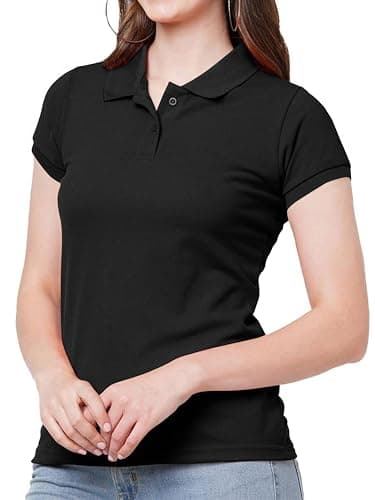 Image of Looks Divine Gift Women's Polo Shirt Knitted Collar Polo with Cuffed Short Sleeves Ladies Shirts for Women UK (UK, Alpha, L, Regular, Regular, Black)