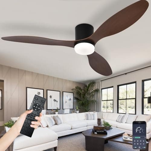 Image of Large Ceiling Fan Lights and Remote for Bedroom, Modern Indoor Low Profile Ceiling Fan with Lamps, 6-speed Silent DC Motor, Memory Function Dimmable Led, for Living Room Lounge-Black-WoodGrain||42in