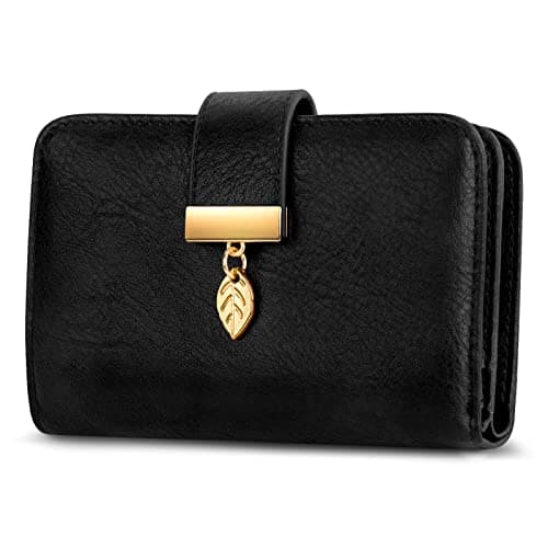 Image of Faneam Ladies Purse RFID Blocking Leather Wallet Women's Small Purse Ladies Bifold Purse Credit Card Wallet with Wrist Strap, 1 Zip Coin Pocket, 14 Card Slots, Exquisite Box (Vintage Black)