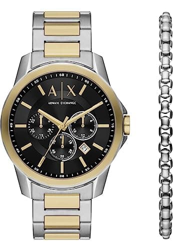 Image of Armani Exchange Silver Tone Watch for Men, Quartz Chronograph Movement and 44mm Case Size with Stainless Steel Strap, Silver and Gold Tone Set