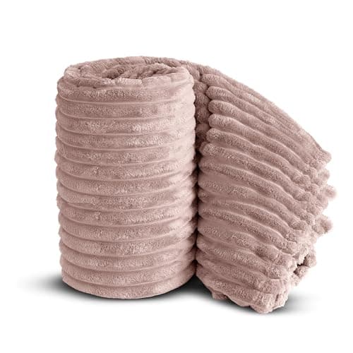 Image of Velosso Chunky Ribbed Thick Super Soft Faux Fur Mink Ribbed Cord Blanket Bed Throwover Sofa Lounge Throw Blanket (Pink Blush, 100 x 150cms)