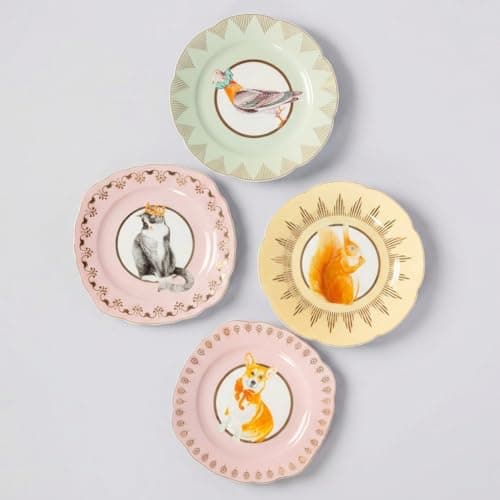 Image of YVONNE ELLEN Best of British Animals Tea Plates Set of 4 - Bone China Small Side Plates for Dessert & Cake, Decorative Kitchen Tableware, Microwave Safe, Hand Wash, Breakfast & Dinner Plate 16cm