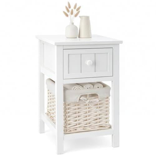 Image of GREENSAPPIRE 1 PCS White Bedside Table with Drawer & Wicker Basket White Shabby Chic Bedside Table – Compact Wooden Nightstand Storage Cabinet for Bedroom, Bathroom or Living Room (1 PCS)