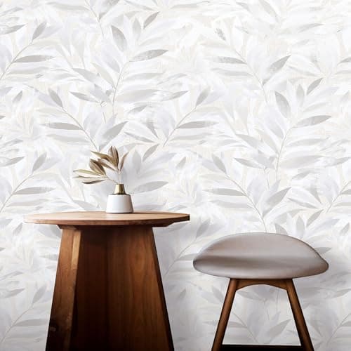 Image of SOPHIE LAURENCE Rasch Elegant Homes Fiji Leaf Wallpaper, Contemporary Nature Inspired Design with Metallic Detailing, Silver, 10m Roll Ideal for Bedroom and Living Room Decor