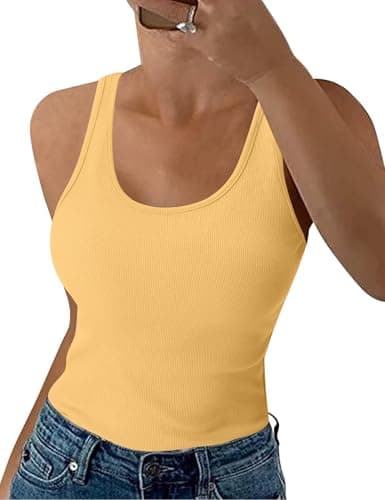 Image of Aottori Tank Tops Women Summer Ribbed Vest Top Ladies Sleeveless Cotton Slim Fitted Stretch Basic Cami Camisole Yellow L