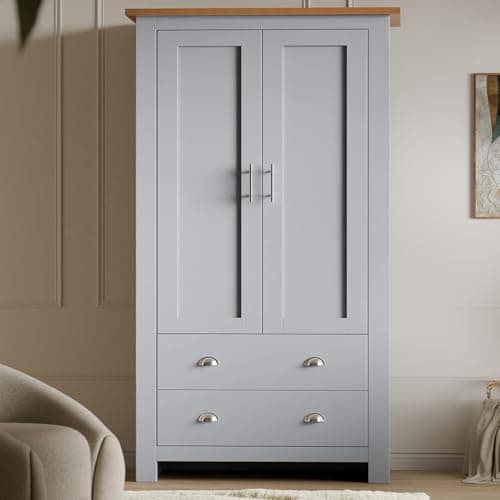 Image of Blisswood 2 Door Bedroom Wardrobe with Shelf & Hanging Rail, Modern Wooden Clothes Organiser, Double Closet Large Storage Cupboard Unit with 2 Drawers, Double Wardrobe for Bedroom Furniture (Grey)