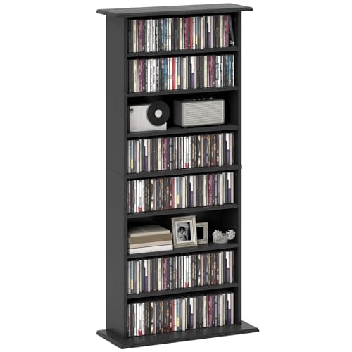 Image of HOMCOM 360 CD/185 DVD Storage Unit, 185 Blu-ray Media Storage Shelf with 8 Compartments and 6 Adjustable Shelves, CD Tower for Living Room, Bedroom, Office, Black