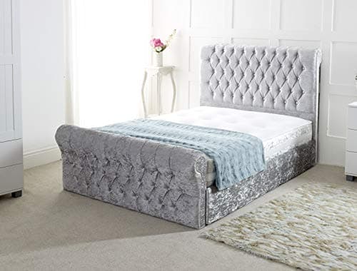 Image of Comfy Deluxe LTD 4FT6 Double Bed base with Matching 52-Inch Chesterfield Headboard - Silver Crushed Velvet Sleigh Bed Frame with Deep Cushioned Upholstery & No Mattress Included - UK Made