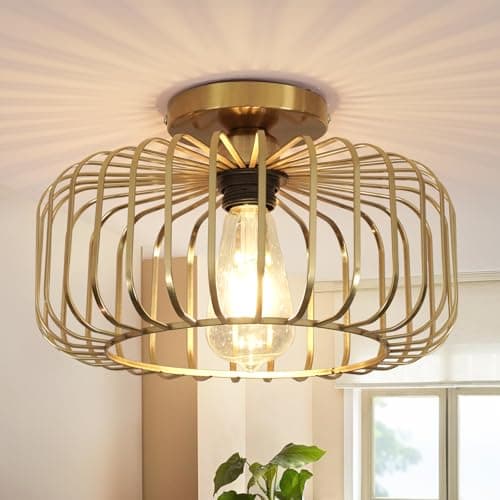 Image of FRIDEKO HOME Gold Ceiling Light Fixture, Industrial Chandeliers Ceiling Lights, Metal Cage Lampshade with E27 Base for Bedroom, Living Room, Dining Room, Kitchen, Hallway