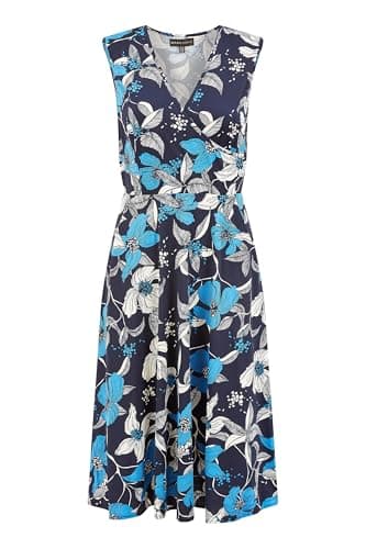 Image of Mela London Mela Blue Floral Print Stretch Wrap Over Midi Dress with Pockets 16 Navy