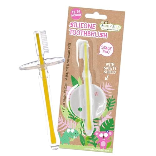 Image of Jack N’ Jill Silicone Toothbrush – Gentle Toddler & Baby Toothbrush with Soft Food Grade Bristles, Easy Grip Handle, Safety Shield Included, Gentle on First Teeth, for Ages 12-24 Months