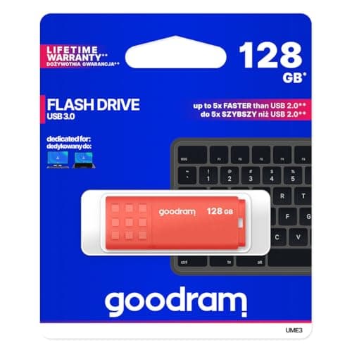 Image of goodram USB Memory Stick with 128GB UME3 - USB 3.0 Data Storage Pen Drive - Read Speed up to 60 MBs - Memory Stick - USB Flash Drive with Plastic Housing - Orange