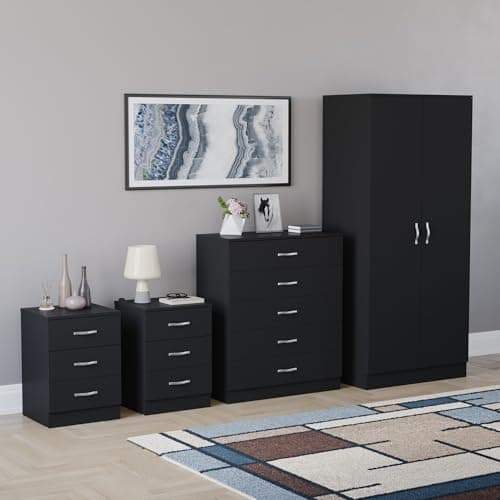 Image of Vida Designs Riano 4 Piece Bedroom Set - 3 Drawer Bedside Chest, 5 Drawer Chest, 2 Door Wardrobe - Black