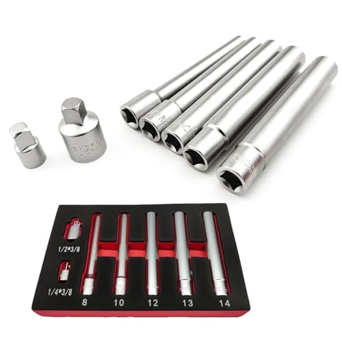 Image of 7 PCS 3/8-Inch Drive Extra Deep Metric Socket Set, Hex Long Socket Set 6 Point 8mm 10mm 12mm 13mm 14mm 1/4" F to 3/8" M Adapter 1/2" F to 3/8" M Adapter Deep Sockets with CR-V Repair Auto