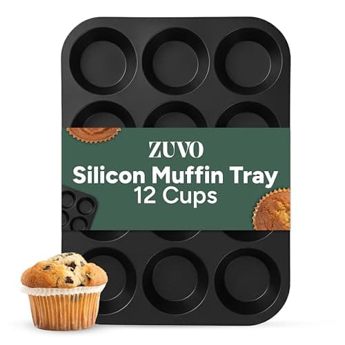 Image of Zuvo Silicon Muffin Tray 12 Cups - Non Stick Black Baking Mold for Cupcakes and Brownies (23x31cm) - Perfect Baking Tray