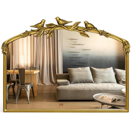 Image of Awhtixbo Antique Gold Baroque Mirror 80X60Hcm - Vintage Cast Iron Frame with Hand-Carved Resin Florals, Shatterproof Wall Mirror for Bathroom, Living Room & Bedroom