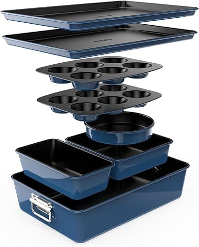 Image of NutriChef Nonstick Stackable Bakeware Set 8-Piece, PFOA PFOS PTFE Free Cookware Set, Non-Stick Coating, 232°C Oven Safe, Includes Round Cake, Cookie Sheet, Non Toxic Cookware for Home Baking (Blue)