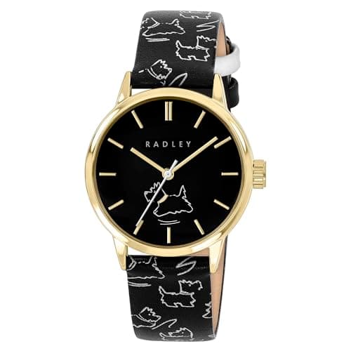 Image of RADLEY Gold Plated Case Dog Printed Black Leather Strap Watch RY21908A