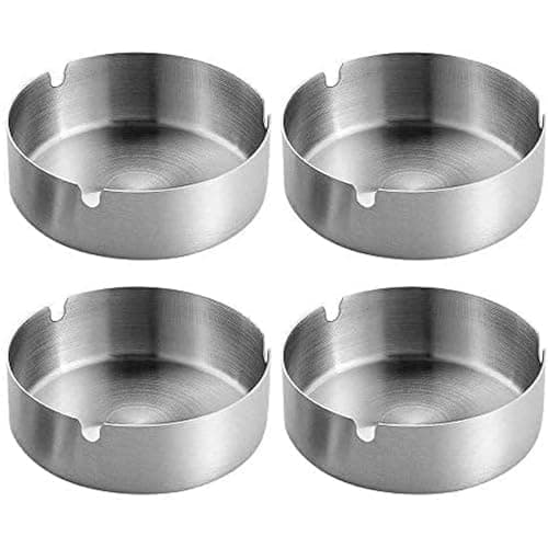Image of Pack of 4 Round Stainless Steel Cigarette Ashtray Set for Outdoor and Home (Medium)